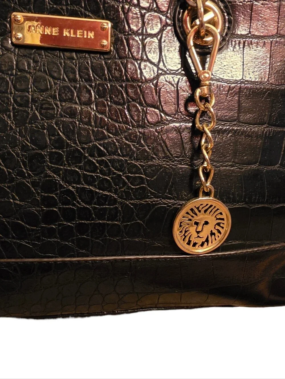 Anne Klein Black Faux Croc-Embossed Tote with Gold Hardware Charm
